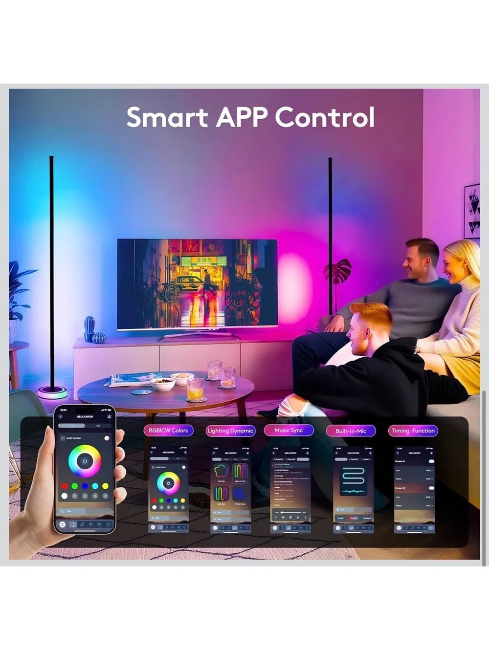 Wfiia 59” Smart RGBICW LED Corner Floor Lamp App Remote Music Sync 1200LM